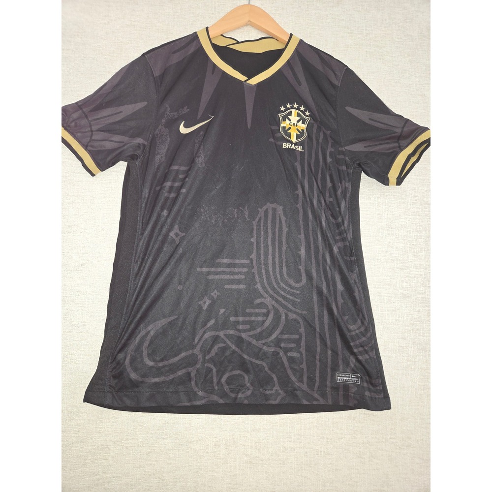 Nike Brasil CBF Soccer Jersey Black Gold Cactus Print CV7891-428 Mens Medium
